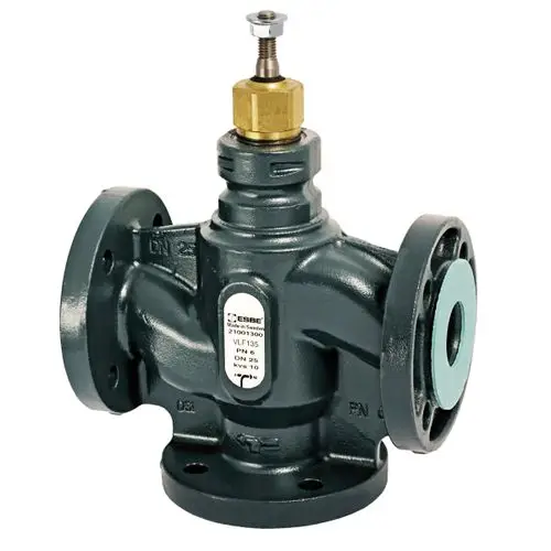 3-Wege Linearventil von ESBE mit Flanschanschlüssen, robustem Design und einer Einstellmöglichkeit für die Durchflussrate.